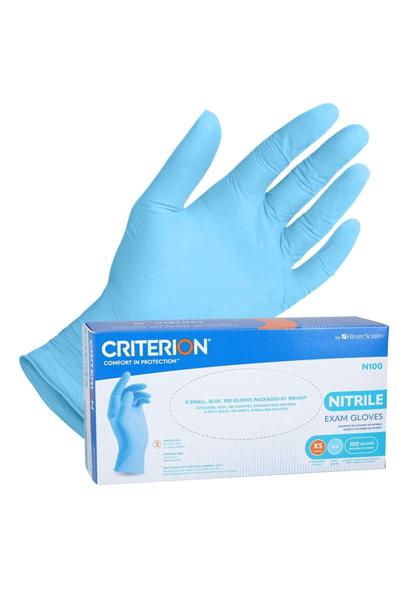 Henry Schein Criterion N100 Nitrile Exam Gloves, Blue, 3.54 Mil, Powder-Free, Textured Fingers, X-Small, 100/Box