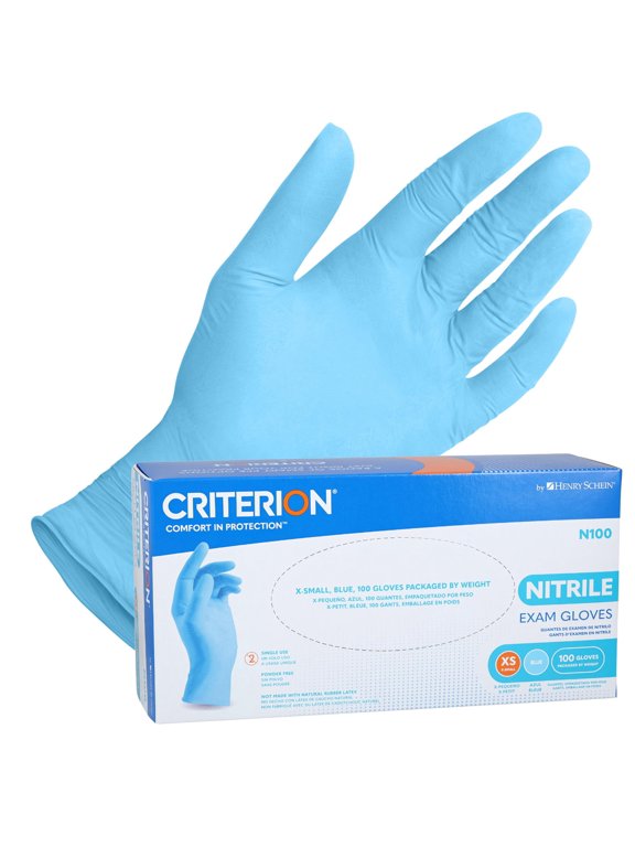 Henry Schein Criterion N100 Nitrile Exam Gloves, Blue, 3.54 Mil, Powder-Free, Textured Fingers, X-Small, 100/Box