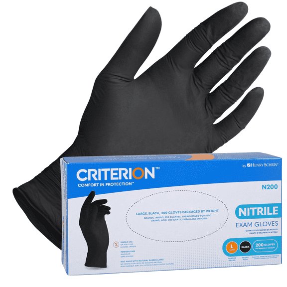 Henry Schein Criterion N200 Black Nitrile Exam Gloves, Large Latex-Free, Powder-Free, Chemo & Fentanyl-Tested, Textured Fingertips, Beaded Cuff 200 Count | Medical, Dental, Tattoo, Food Prep