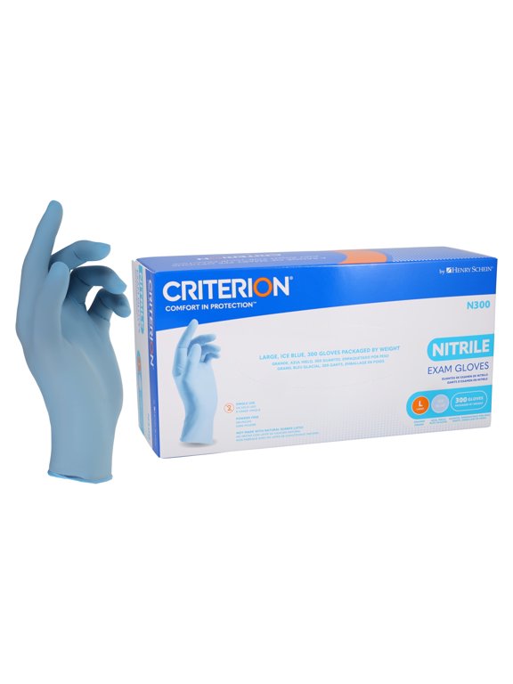 Henry Schein Criterion N300 Nitrile Exam Gloves Large, Ice Blue, 300/Box Chemo Tested, Latex-Free, Chlorinated, Textured Fingers, 2.76 Mil Finger Thickness, Beaded Cuff, Non-Sterile, Disposable