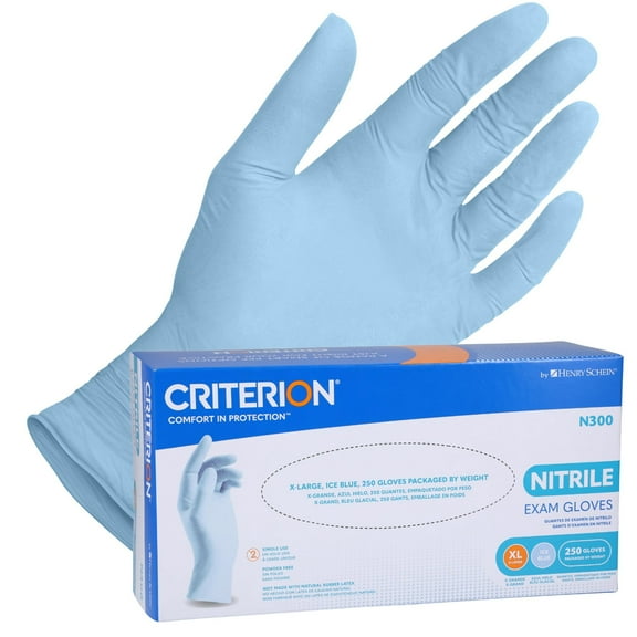 Henry Schein Criterion N300 Nitrile Exam Gloves X-Large, Ice Blue, 250/Box Chemo Tested, Latex-Free, Chlorinated, Textured Fingers, 2.76 Mil Finger Thickness, Beaded Cuff, Non-Sterile, Disposable