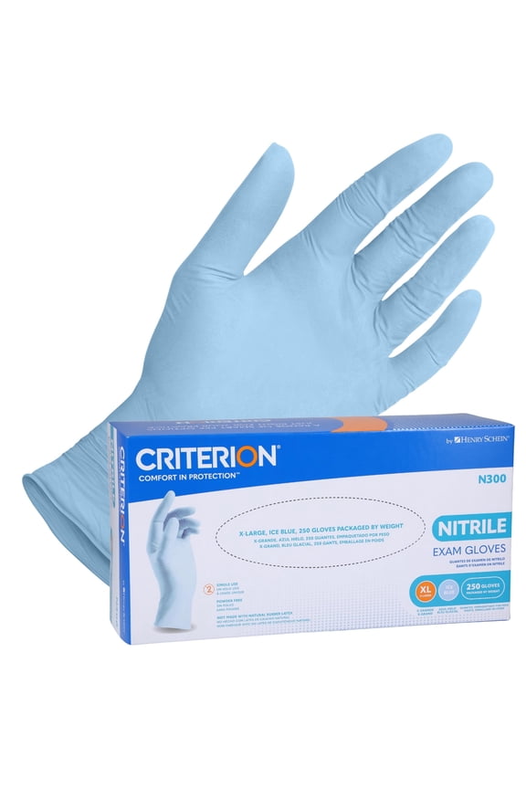 Henry Schein Criterion N300 Nitrile Exam Gloves  X-Large, Ice Blue, 250/Box  Chemo Tested, Latex-Free, Chlorinated, Textured Fingers, 2.76 Mil Finger Thickness, Beaded Cuff, Non-Sterile, Disposable