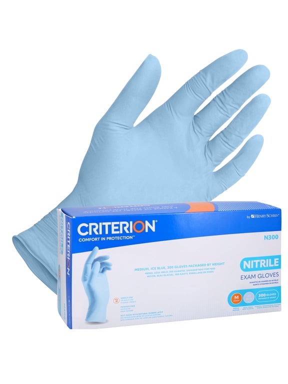 Henry Schein Criterion N300 Nitrile Exam Gloves Medium, Ice Blue, 300/Box Chemo Tested, Latex-Free, Chlorinated, Textured Fingers, 2.76 Mil Finger Thickness, Beaded Cuff, Non-Sterile, Disposable