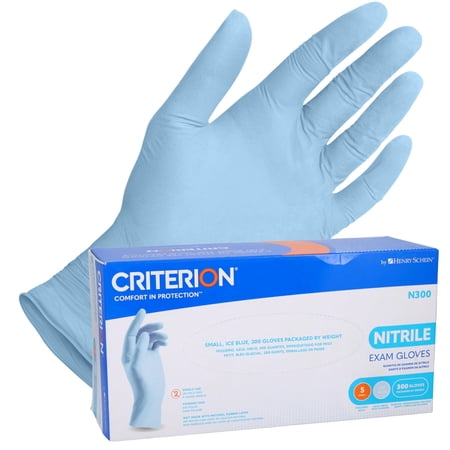 Henry Schein Criterion N300 Nitrile Exam Gloves – Small, Ice Blue, 300/Box – Chemo Tested, Latex-Free, Chlorinated, Textured Fingers, 2.76 Mil Finger Thickness, Beaded Cuff, Non-Sterile, Disposable