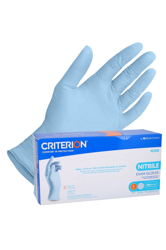 Henry Schein Criterion N300 Nitrile Exam Gloves  Small, Ice Blue, 300/Box  Chemo Tested, Latex-Free, Chlorinated, Textured Fingers, 2.76 Mil Finger Thickness, Beaded Cuff, Non-Sterile, Disposable