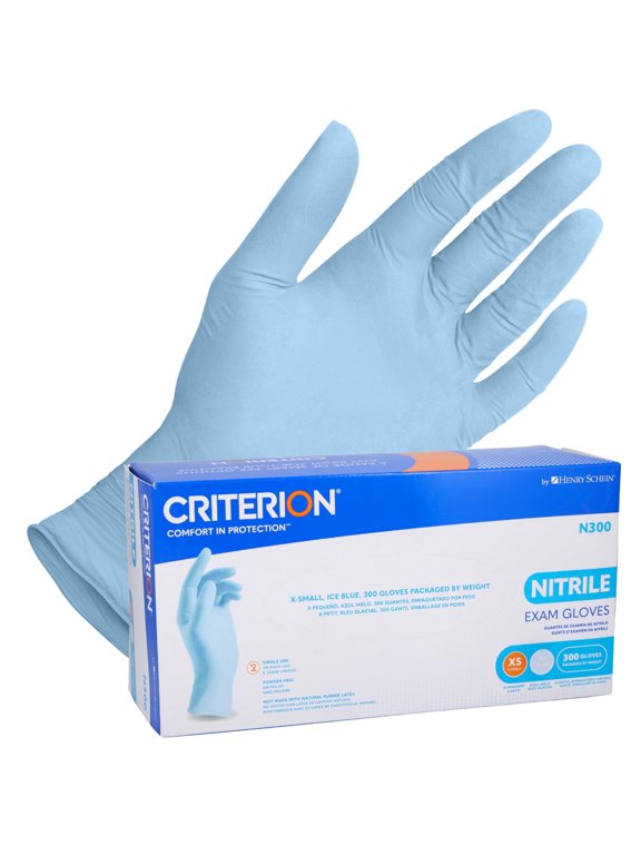 Henry Schein Criterion N300 Nitrile Exam Gloves X-Small, Ice Blue, 300/Box Chemo Tested, Latex-Free, Chlorinated, Textured Fingers, 2.76 Mil Finger Thickness, Beaded Cuff, Non-Sterile, Disposable