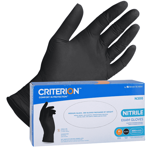 Henry Schein Criterion N300 Nitrile Exam Gloves, Medium, Black – 300/Box, Latex-Free, Disposable, Textured Fingertips, Beaded Cuff, Non-Sterile, Ambidextrous