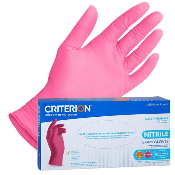 Henry Schein Criterion Nitrile Exam Gloves, Magenta Pink, 200/Box, Large, Latex-Free, Powder-Free, Soothing Formula with Vitamin E and Aloe Vera