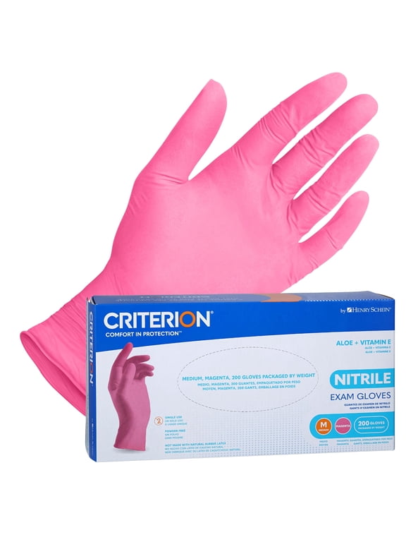 Henry Schein Criterion Nitrile Exam Gloves, Magenta Pink, 200/Box, Medium, Latex-Free, Powder-Free, Soothing Formula with Vitamin E and Aloe Vera