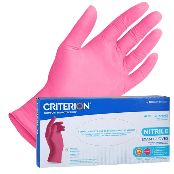 Henry Schein Criterion Nitrile Exam Gloves, Magenta Pink, 200/Box, X-Small, Latex-Free, Powder-Free, Soothing Formula with Vitamin E and Aloe Vera