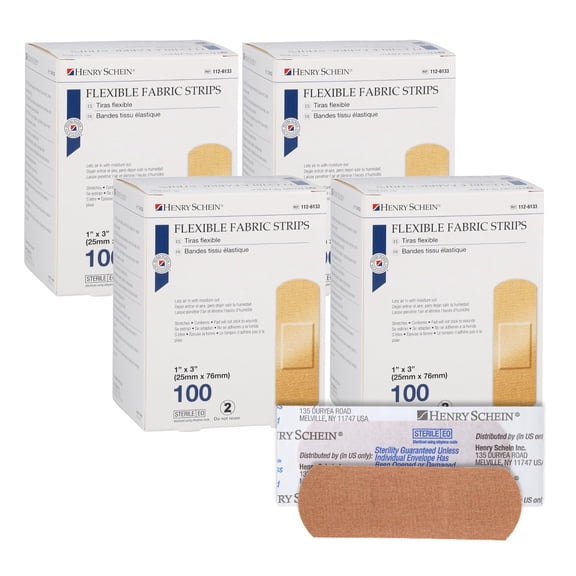 Henry Schein Sterile Adhesive Fabric Bandages, 1" x 3" – Box of 400 Flexible, Breathable Strips – Soft, Stretchable Wound Covers for First Aid, Medical Use, Clinics & Emergency Kits