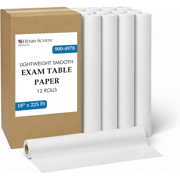 Henry Schein Smooth Medical Exam Table Paper Rolls, Latex-Free, White, 18" x 225", Lightweight, 12-Pack