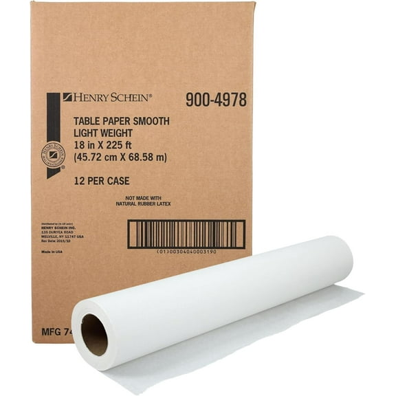 Henry Schein Exam Table Paper 18 In. x 225 Feet - Smooth White, Disposable, Latex Free, Light Weight for Patient Protection- 12 Rolls/CS