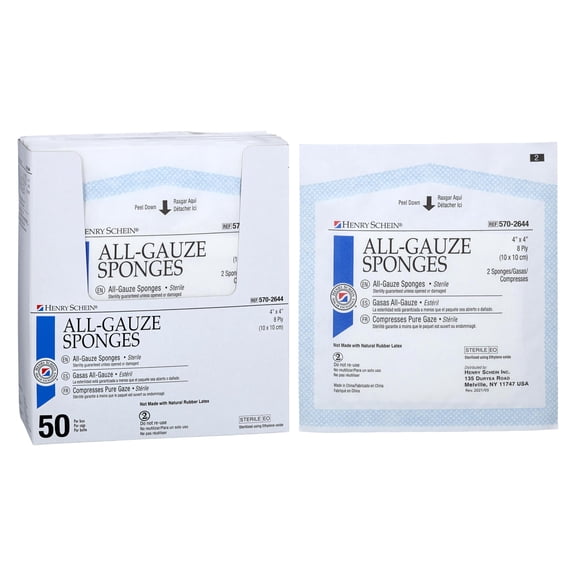 Henry Schein Premium 100% Cotton All-Gauze Sponge 4x4" 8 Ply Sterile Square for Wound Care & Home First Aid Kits - 50/Box