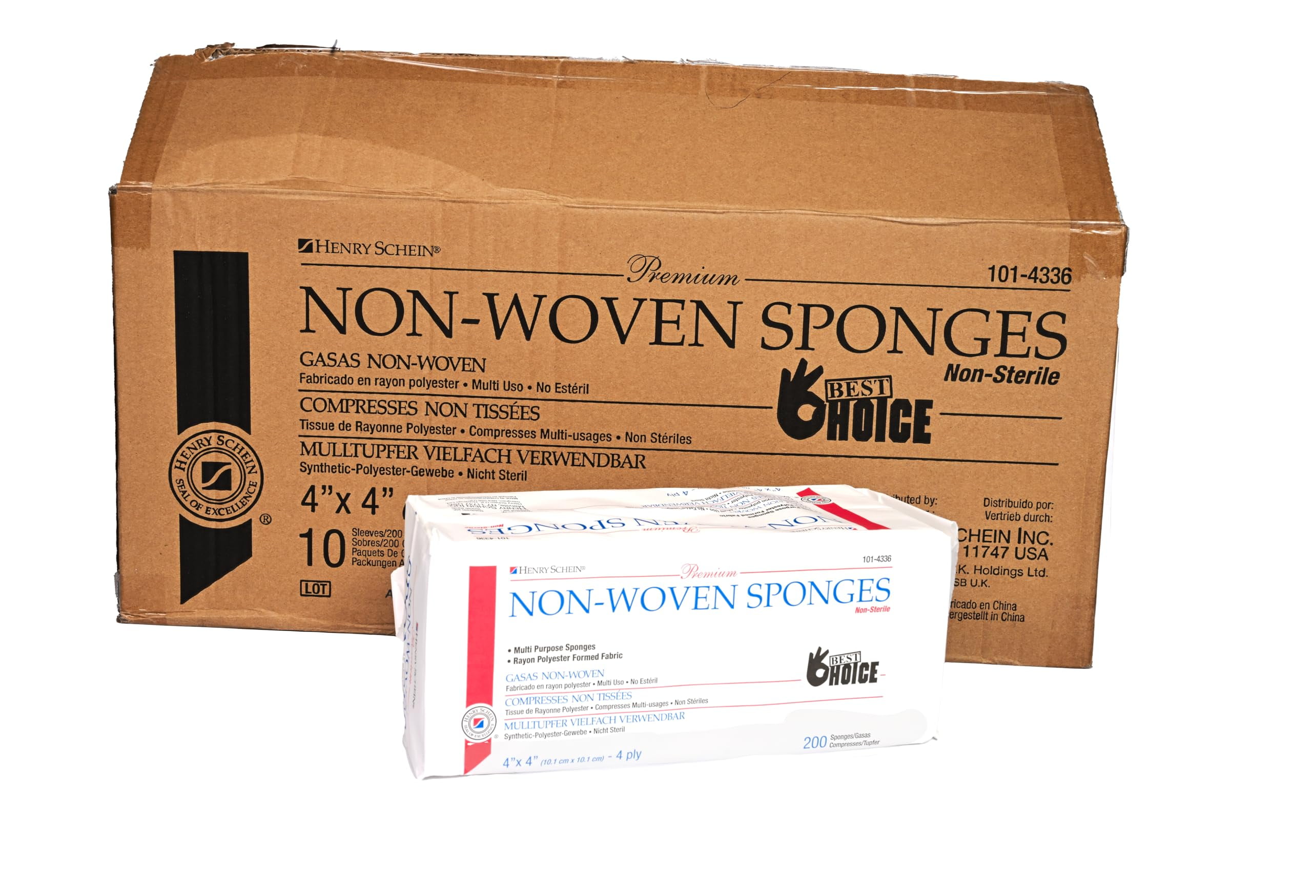 Henry Schein Premium Gauze, Rayon/Polyester Blend Non-Woven Sponges, 4 in x 4 in 4 Ply Non-Sterile, 4-Ply, 200/Pack - 10 Packs - Total 2000 counts