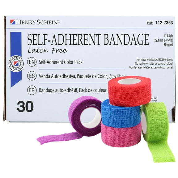 Henry Schein Premium Self-Adherent Bandage Wrap – 1" x 5 Yards, Assorted Colors – Box of 30 Rolls – Flexible, Non-Woven Fabric, Non-Sterile, Latex-Based Wrap for Wound Care & Light Compression