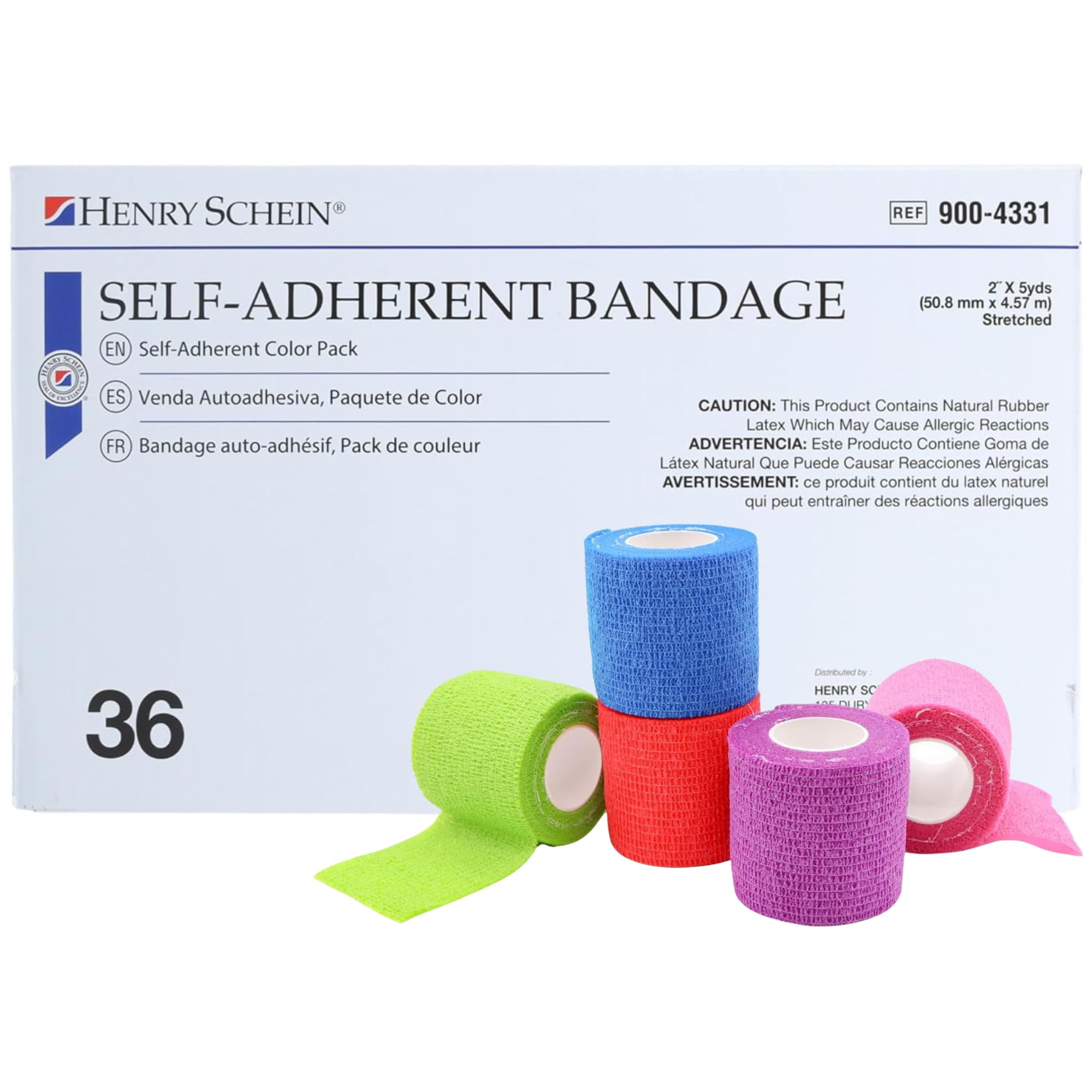Henry Schein Premium Self-Adherent Bandage Wrap – 2" x 5 Yards, Assorted Colors – Box of 36 Rolls – Flexible, Non-Woven Fabric, Non-Sterile, Latex-Based Wrap for Wound Care & Light Compression