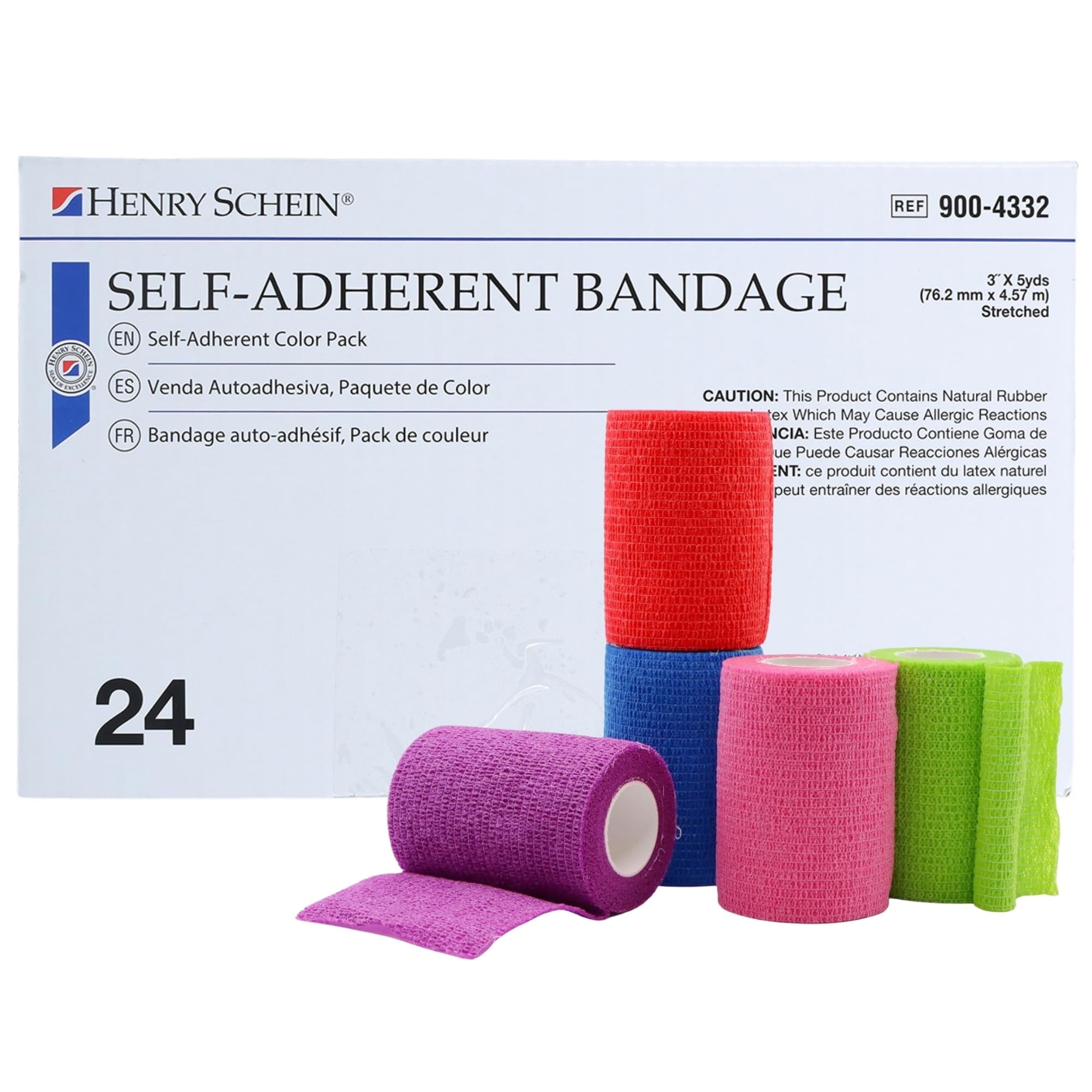 Henry Schein Premium Self-Adherent Bandage Wrap – 3" x 5 Yards, Assorted Colors – Box of 24 Rolls – Flexible, Non-Woven Fabric, Non-Sterile, Latex-Based Wrap for Wound Care & Light Compression