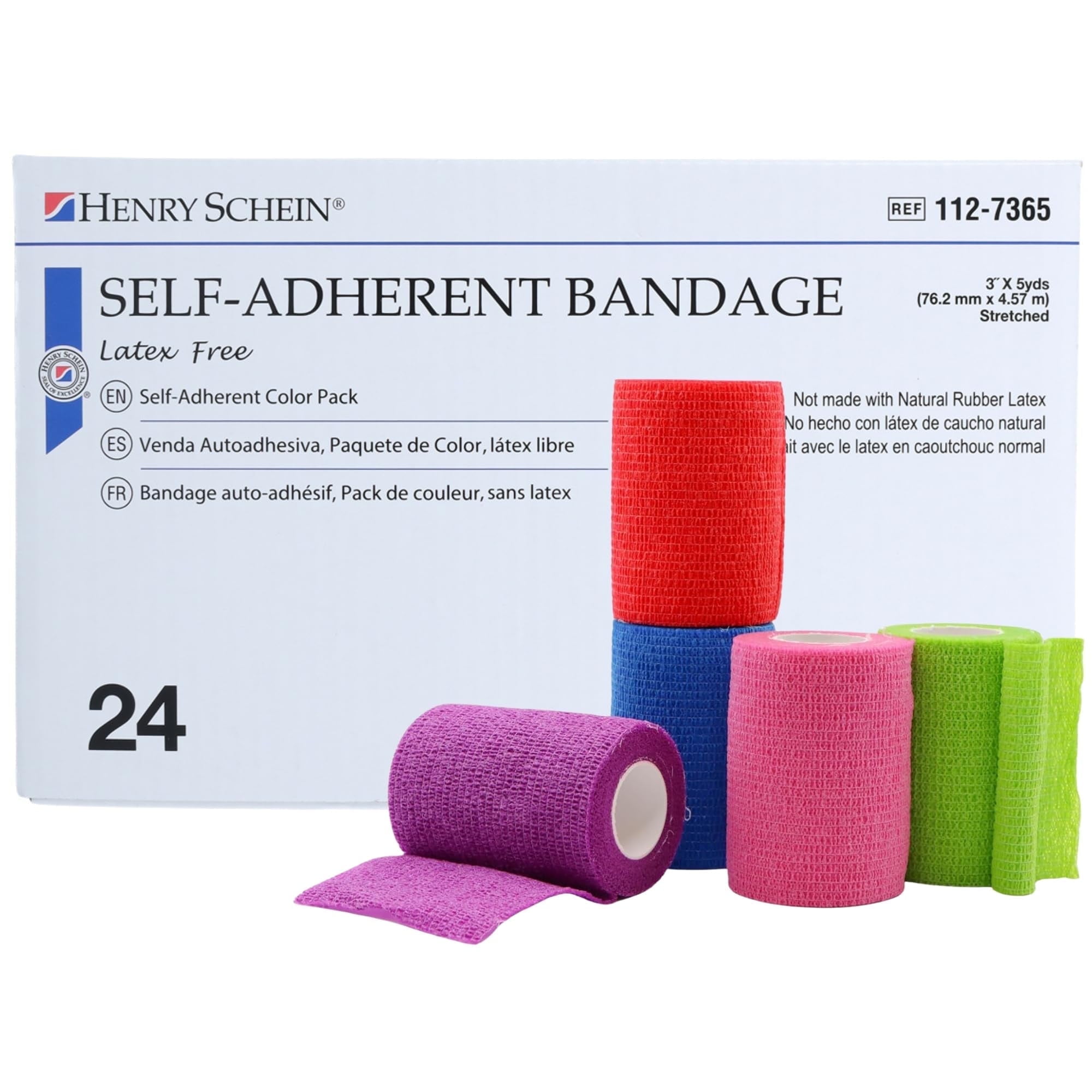 Henry Schein Premium Self-Adherent Bandage Wrap – 3" x 5 Yards, Assorted Colors – Box of 24 Rolls – Flexible, Non-Woven Fabric, Non-Sterile, Latex-Based Wrap for Wound Care & Light Compression