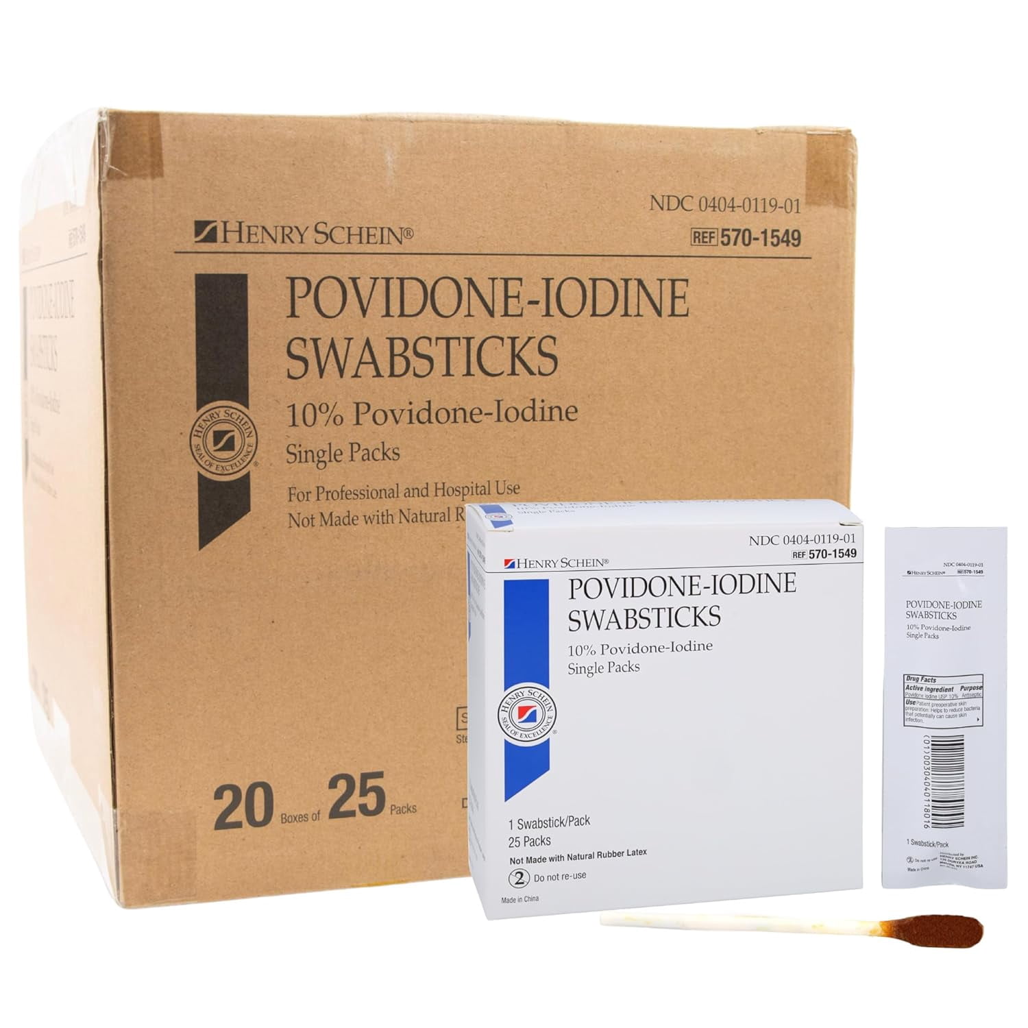 Henry Schein Prep Povidone-Iodine Swabsticks 1's- Sterile, Antiseptic for Skin Preparation, Individually Packed, 10% Povidone-Iodine, 25 Packs per Box - 20 Boxes