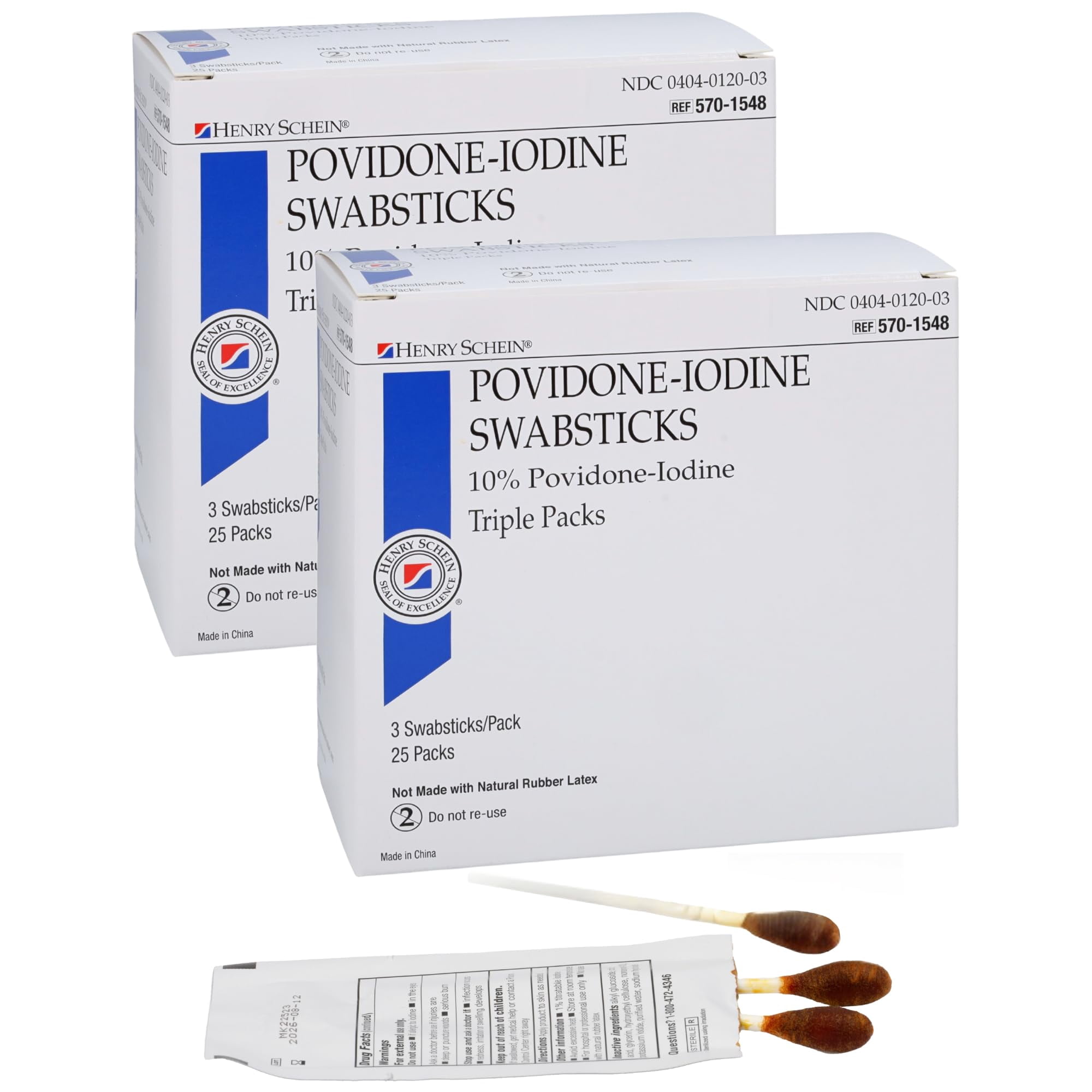 Henry Schein Prep Povidone-Iodine Swabsticks, Individually Packed, Sterile, 10% Povidone-Iodine Cotton Swabs, 25 Count (Pack of 2)