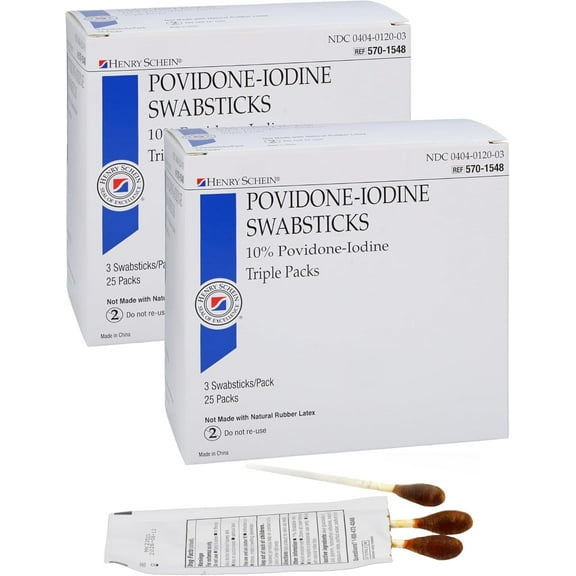 Henry Schein Prep Povidone-Iodine Swabsticks, Individually Packed, Sterile, 10% Povidone-Iodine Cotton Swabs, 25 Count (Pack of 2)