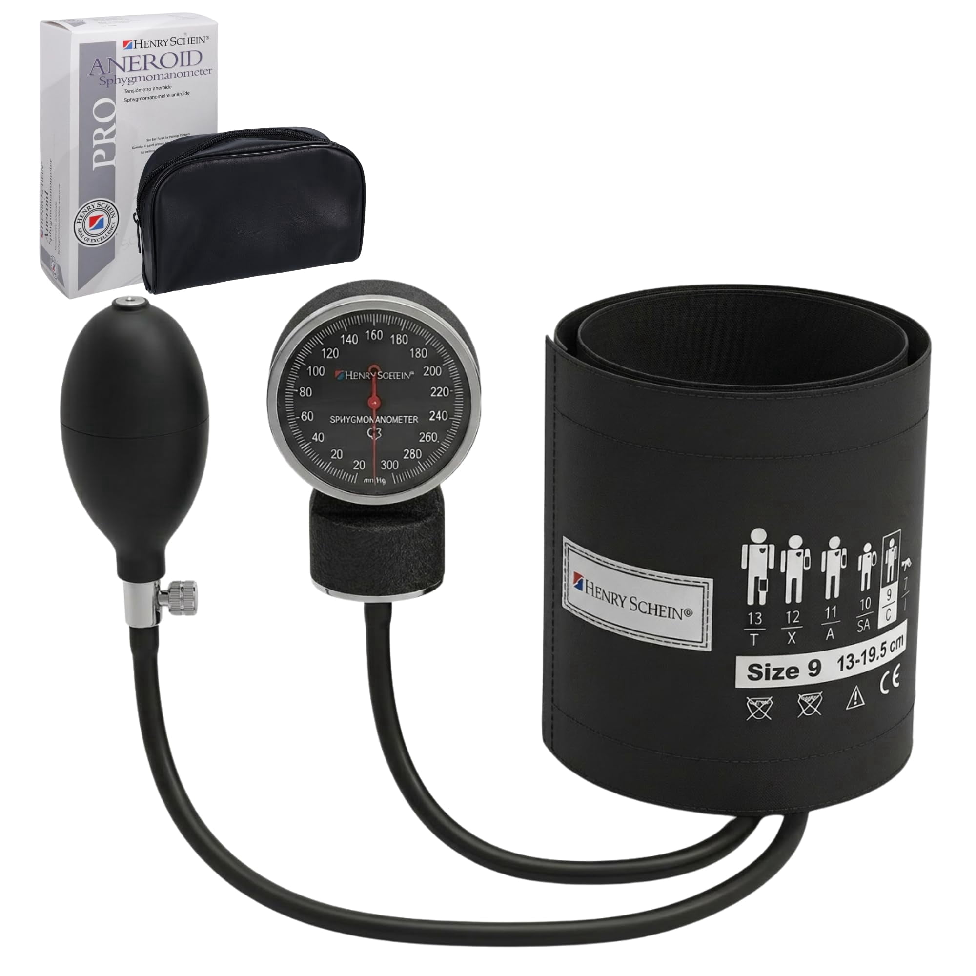 Henry Schein Prosphyg Aneroid Sphygmomanometer –Pediatric Size 9 (5.1"–7.6") Black Cuff, Manual Blood Pressure Monitor, Reusable, Dial Display, Latex-Free, Includes Leatherette Carrying Case – 1 Each