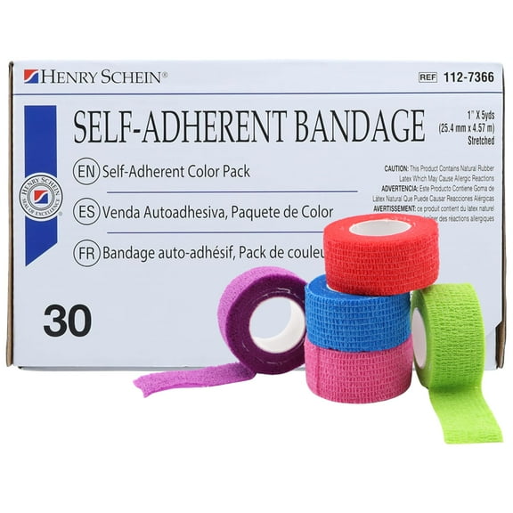 Henry Schein Premium Self-Adherent Bandage Wrap – 1" x 5 Yards, Assorted Colors – Box of 30 Rolls – Flexible, Non-Woven Fabric, Non-Sterile, Latex-Based Wrap for Wound Care & Light Compression
