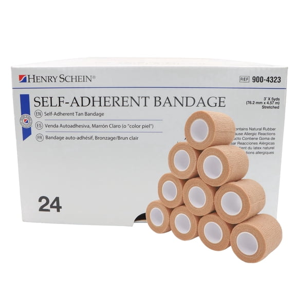 Henry Schein Self-Adherent Bandage Wrap, Latex Medical Wrap for Compression, 3in x 5yd, Tan, 24 Rolls