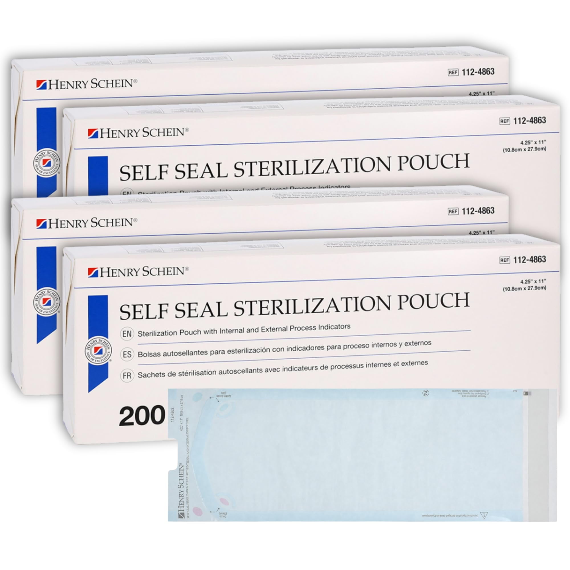 Henry Schein Self-Sealing Sterilization Pouches, Built In Color Change Guide 200/Bx, 4 Boxes, 800 Counts