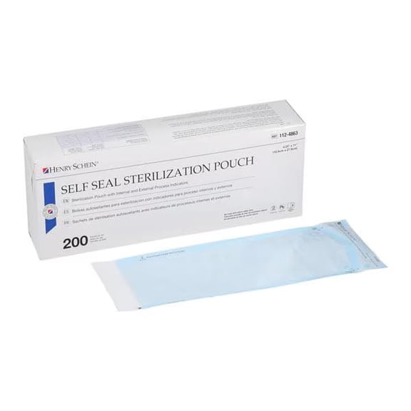 Henry Schein Self-Sealing Sterilization Pouches, Latex-Free, Built In Color Change Guide 4.25 in x 1n in 200/Bx