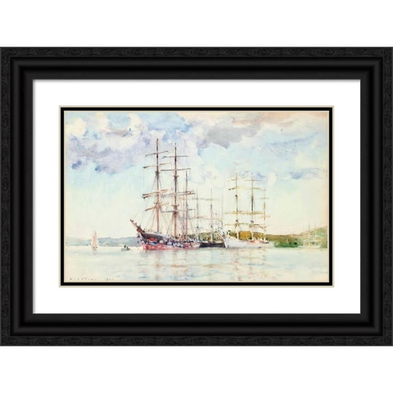 Henry Scott Tuke 24x17 Black Ornate Framed Double Matted Museum Art Print Titled: Windjammers at Anchor in Carrick Roads (1906)