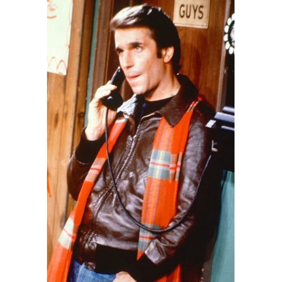 Henry Winkler 24x36 Poster as Fonzie on phone with red scarf and leather jacket