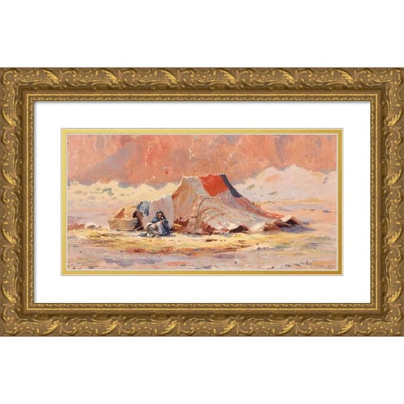Henry Brokman 14x9 Gold Ornate Wood Frame and Double Matted Museum Art Print Titled - Arab Tent in the Desert in Blidah (1890)