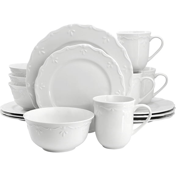 Henryi Dinnerware Set Porcelain White Embossed Rim Scalloped Edges 16 Piece