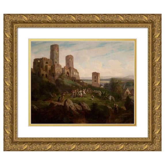 Henryk Pillati 14x12 Gold Ornate Wood Frame and Double Matted Museum Art Print Titled - Ruins of the Castle - Merry-Making in Tenczynek (circa 1855)