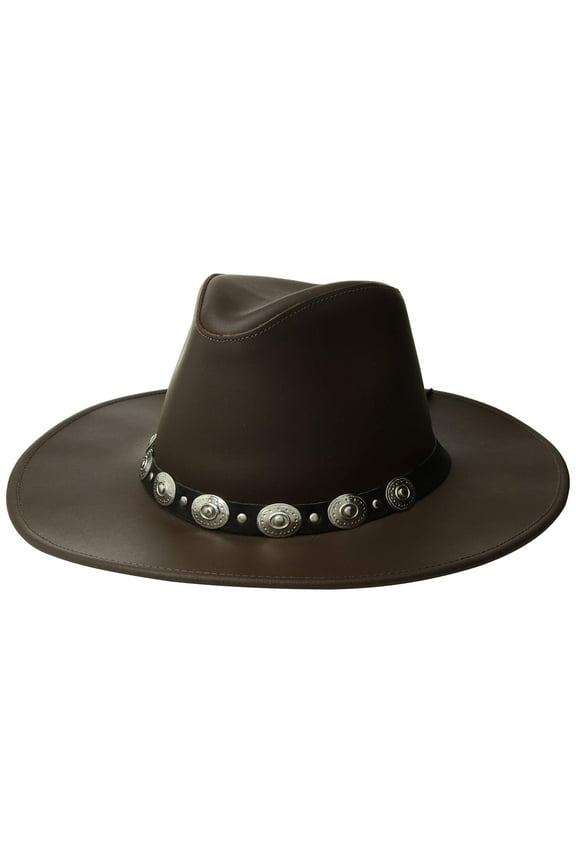 Chocolate Large Dude Dakota Leather Hat w Conchos & Tie-Back Band