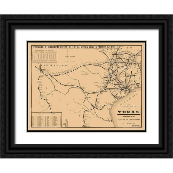 Hensoldt 32x25 Black Ornate Wood Framed with Double Matting Museum Art Print Titled - Railroad System Of Texas - Hensoldt 1883