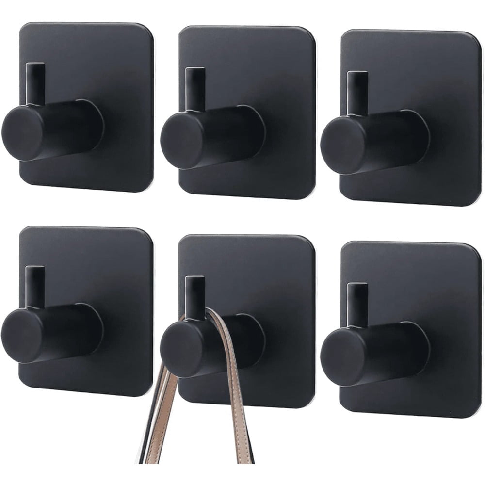 Hent 6-Pack Self-Adhesive Hooks — Featuring Strong Adhesive Backing, Ideal for Hanging on Walls and Behind Doors; Black Adhesive Hooks Designed Specifically for Bathrooms (Towel Hooks), Kitchens, and