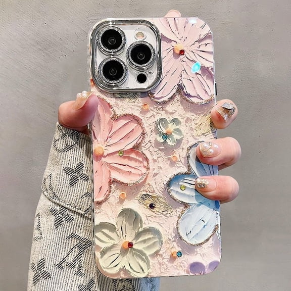 Hent Blu-ray Oil Painting Floral Phone Case — Shockproof, Glitter-Infused, Full-Coverage Lens Protection Soft Case for iPhone — Trendy & Creative Design