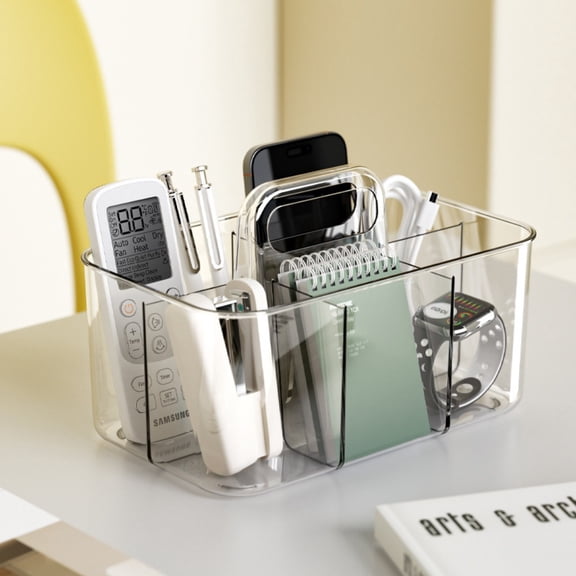 Hent Portable Divided Desktop Storage Caddy with Handle, Thick Plastic Organizer Bin for Stationery, Snacks & Sundries