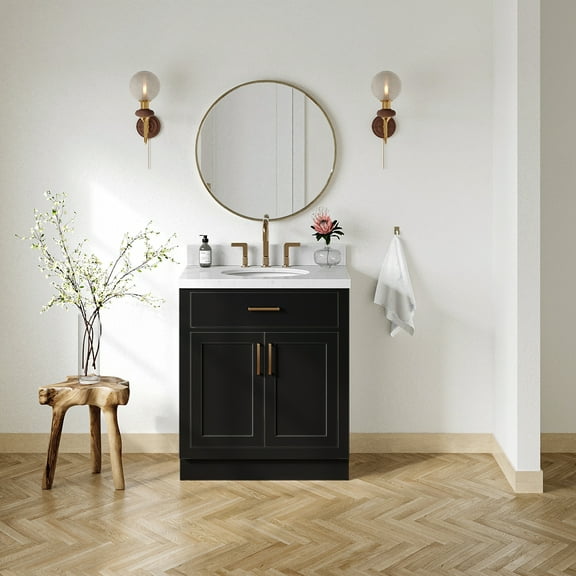 Ariel Hepburn 30 In. Oval Sink Bathroom Vanity With Carrara White Quartz Countertop 1.5 Edge In Black