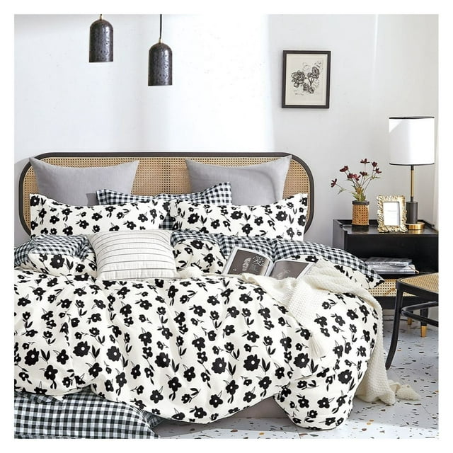 Hepburn Black/White Floral 100% Cotton Reversible Comforter Set