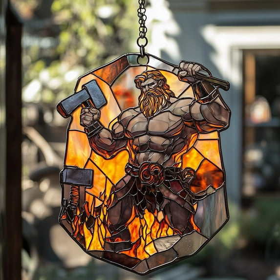 Hephaestus Greek God Wavy Acrylic Faux Wavy Acrylic Suncatcher, Fire Hammer Window Hanging, Mythology Decor Gift For Him Or Dad
