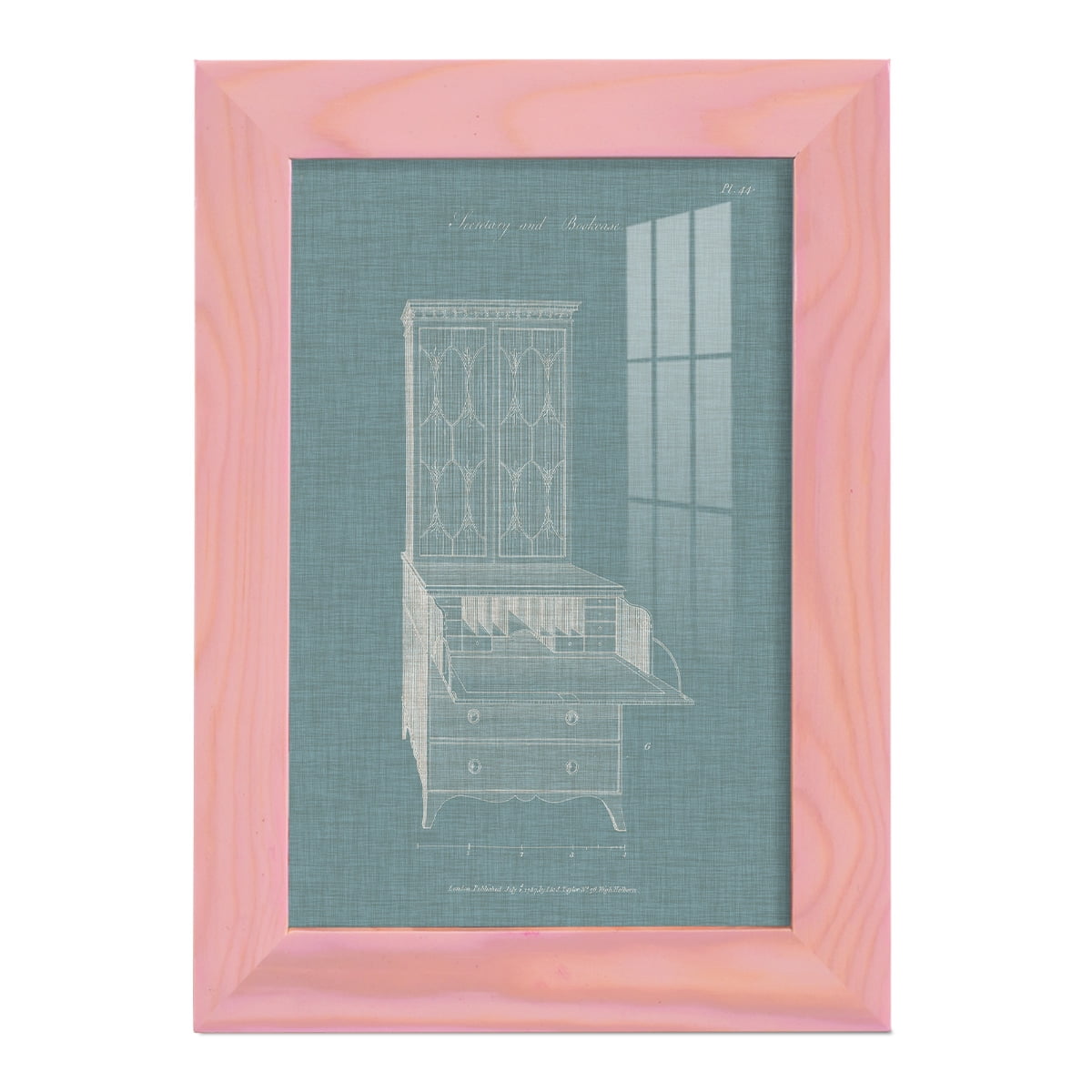 Hepplewhite Desk & Bookcase I - Framed Print w/glass - Sunset Pink