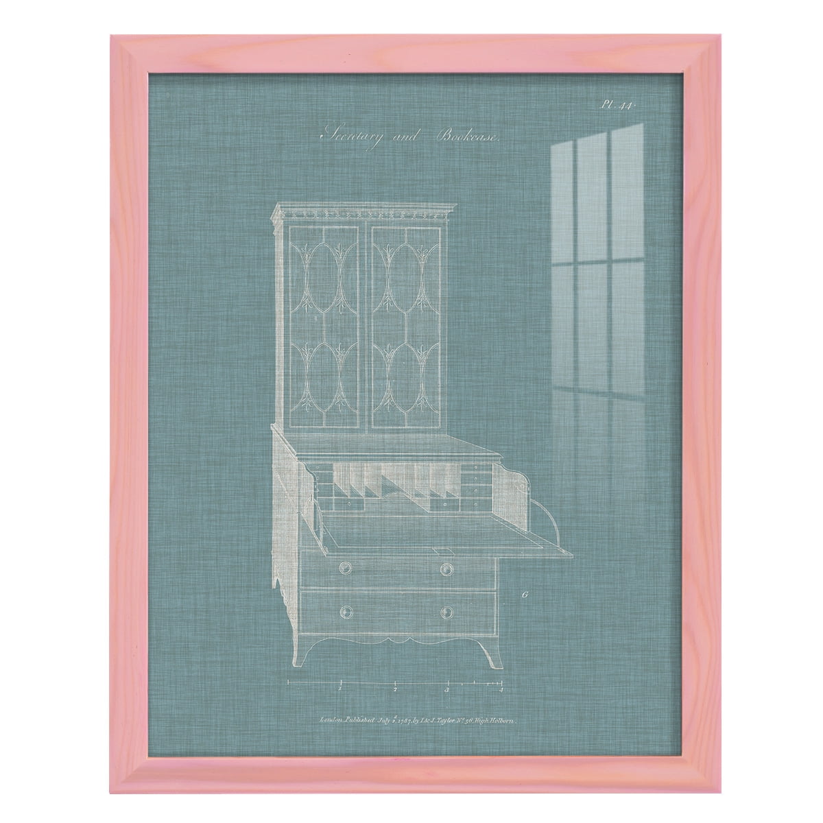 Hepplewhite Desk & Bookcase I - Framed Print w/glass - Sunset Pink