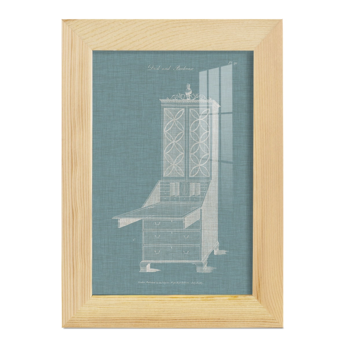 Hepplewhite Desk & Bookcase II - Framed Print w/glass - Natural Wood