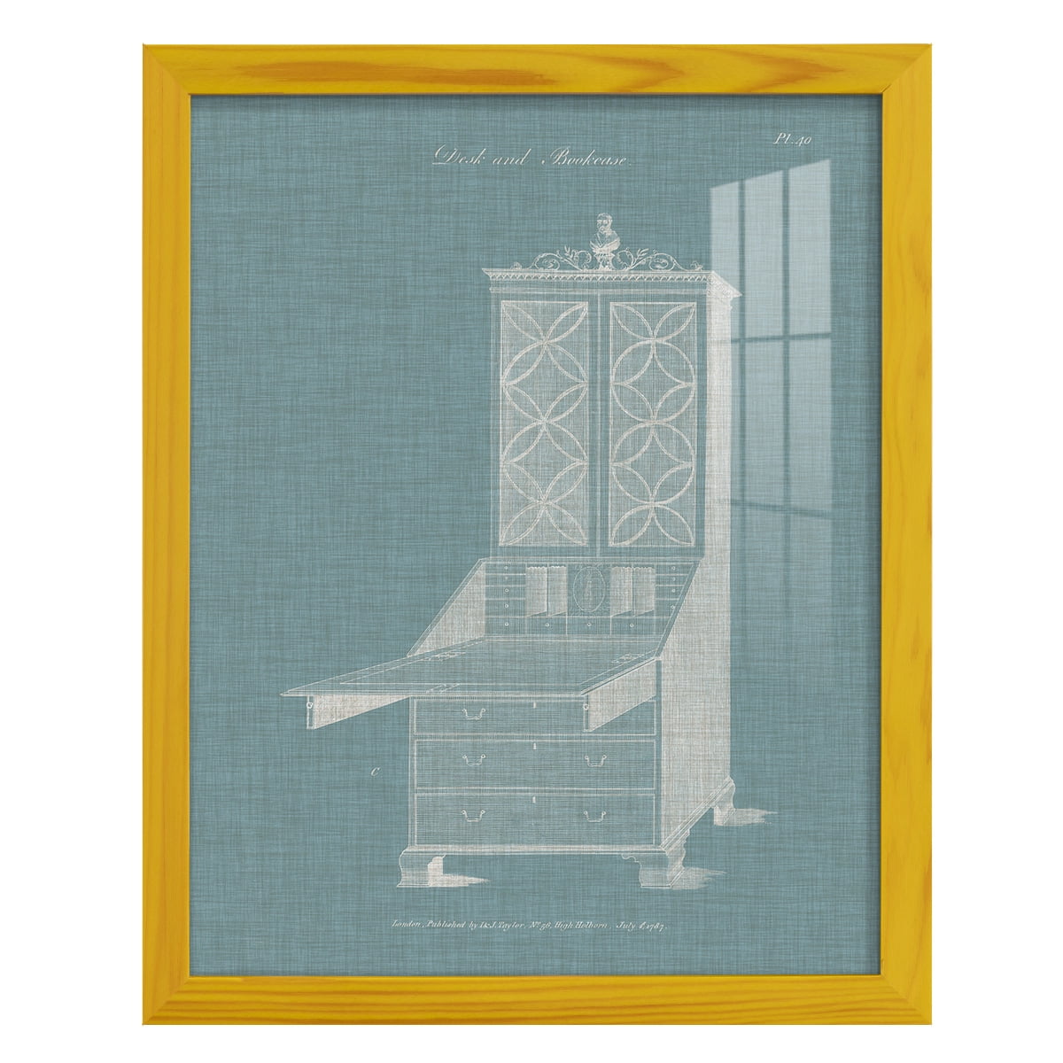 Hepplewhite Desk & Bookcase II - Framed Print w/glass - Sunflower Yellow