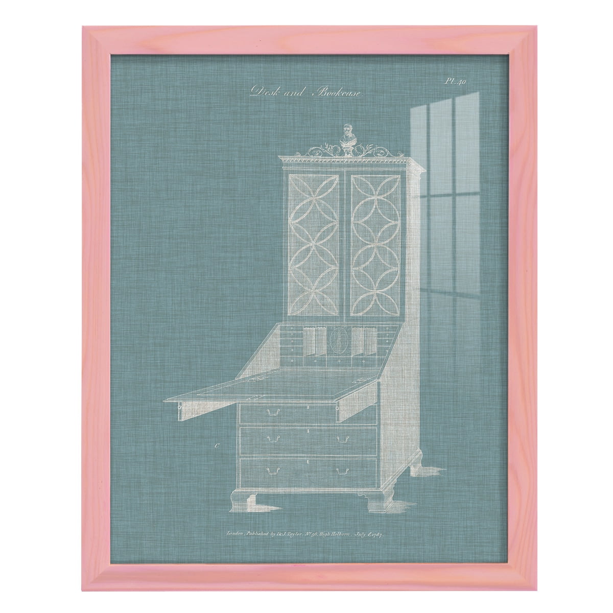 Hepplewhite Desk & Bookcase II - Framed Print w/glass - Sunset Pink