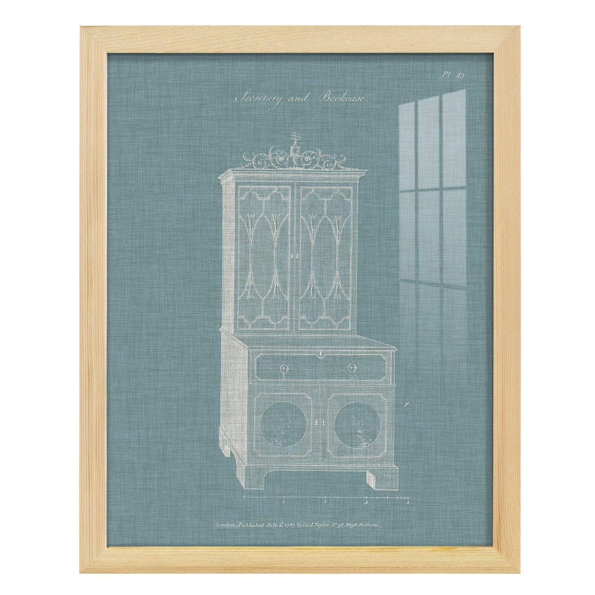 Hepplewhite Desk & Bookcase III - Framed Print w/glass - Natural Wood